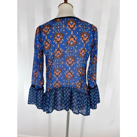 RED CAMEL Women’s Blue & Orange Pattern Sheer Top Sz M - Picture 4 of 9